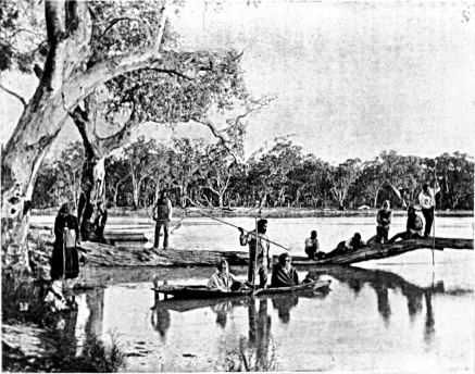 Aboriginal people using reed spears and hoop nets