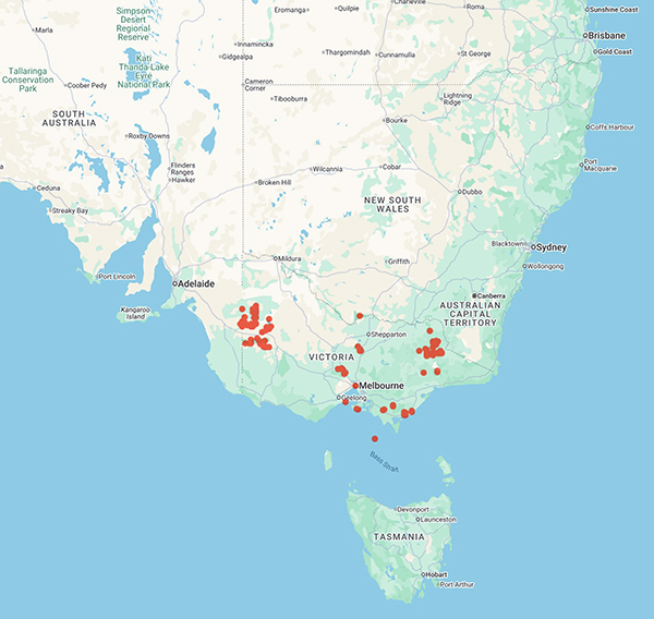 collecting locality map for 'Ackland, J. and Ackland, J.J.'