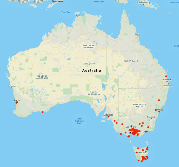 collecting locality map for 'Bastow, R.A.'