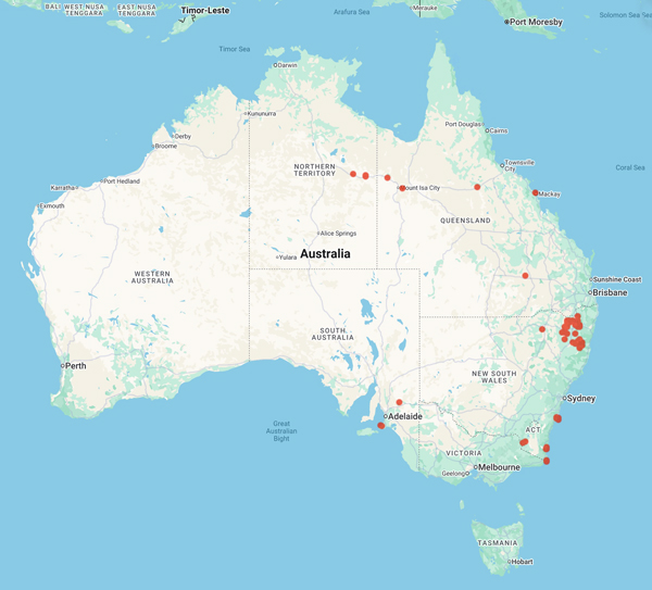 collecting locality map for 'Clarke, P.J.'